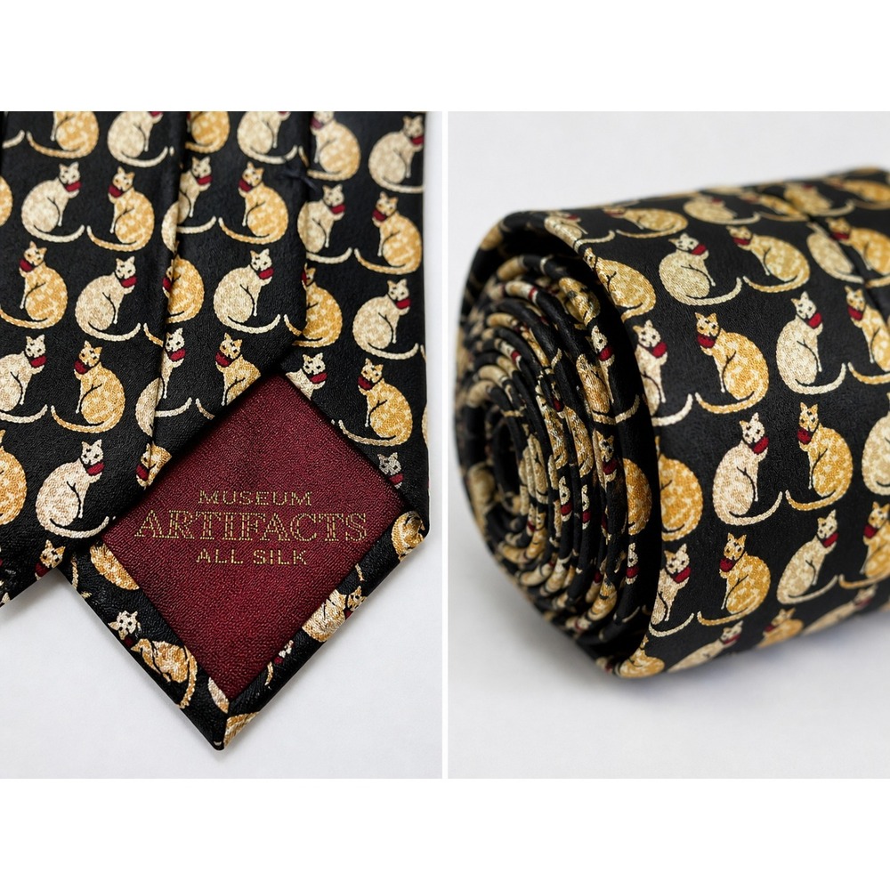 Museum Artifacts Black Beige Silk Necktie Kitty Cat Print 59.5"L